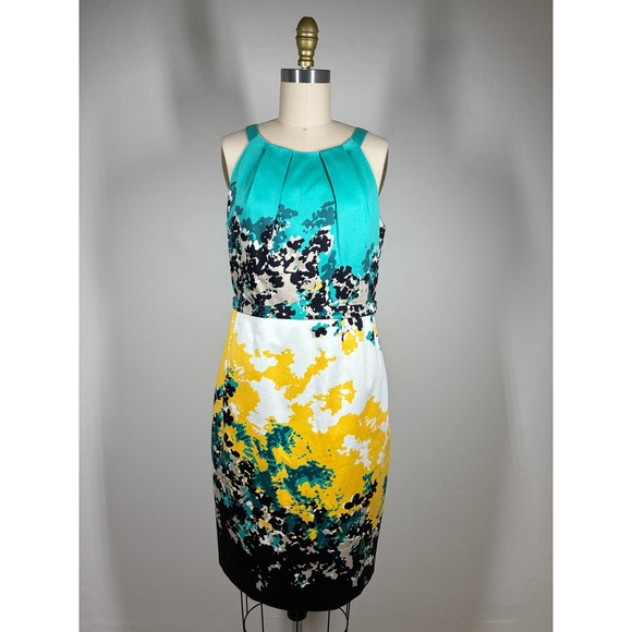 Tahari Dresses & Skirts - Tahari Sheath Dress 8 Abstract Floral Colorful Turquoise Yellow Knee Length
